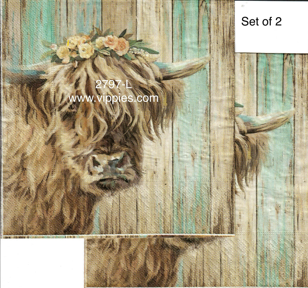 ANIM-2797-L-S Set of 2 Highland Cow Planks Napkins for Decoupage