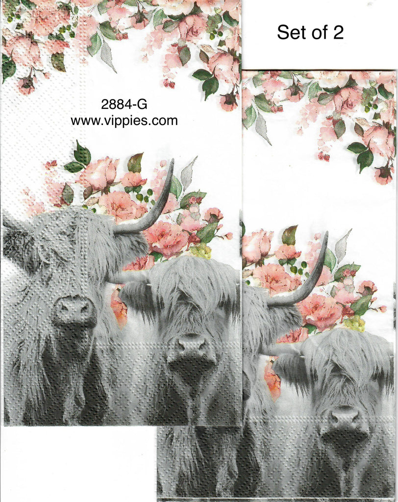 ANIM-2884-G-S Set of 2 Gray Highland Cows Roses Guest Napkins for Decoupage