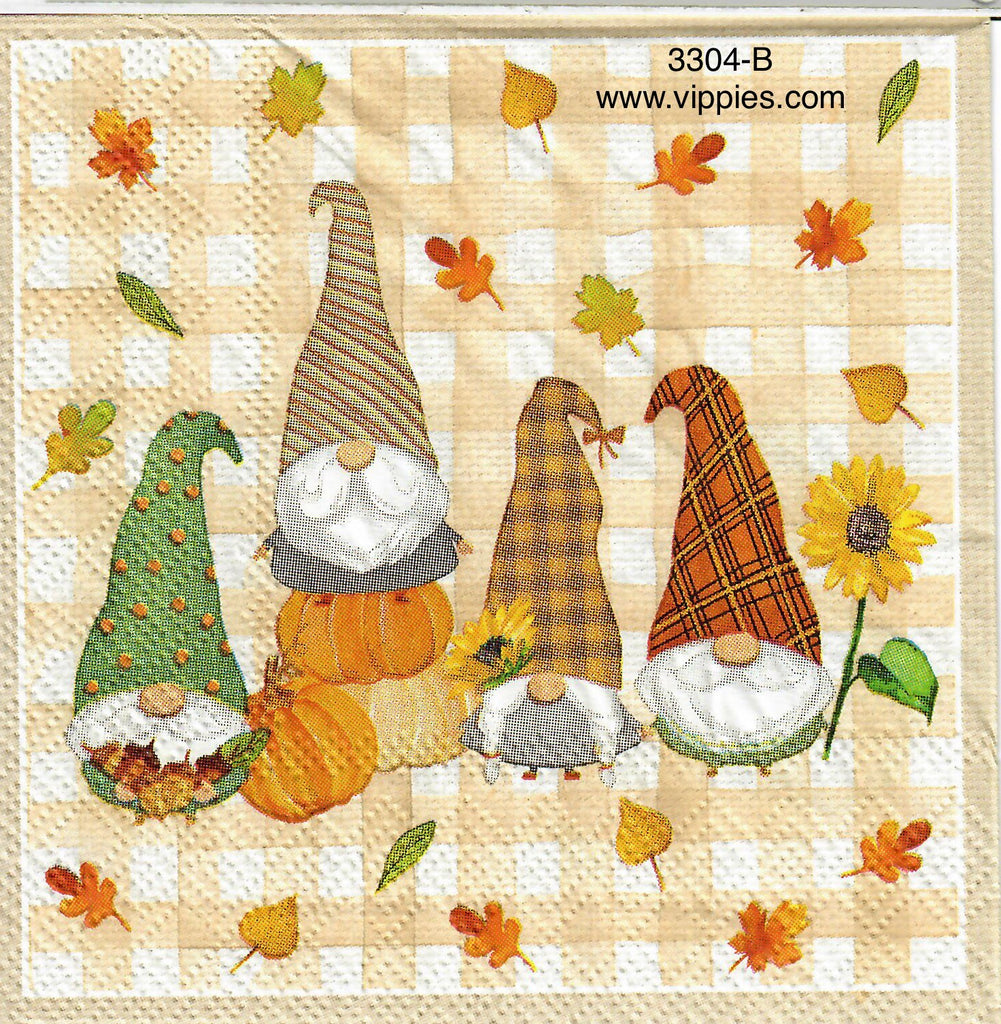 AT-3304-B Four Fall Gnomes Checks Napkin for Decoupage
