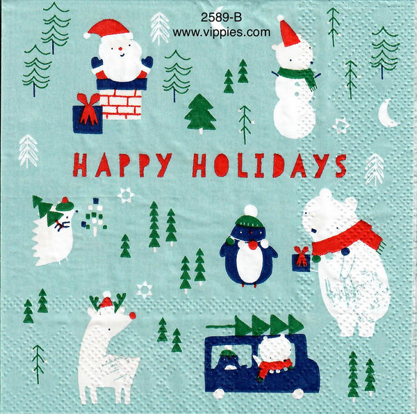 C2589B Blue Happy Holidays Animals Napkin for Decoupage Vippies Designs