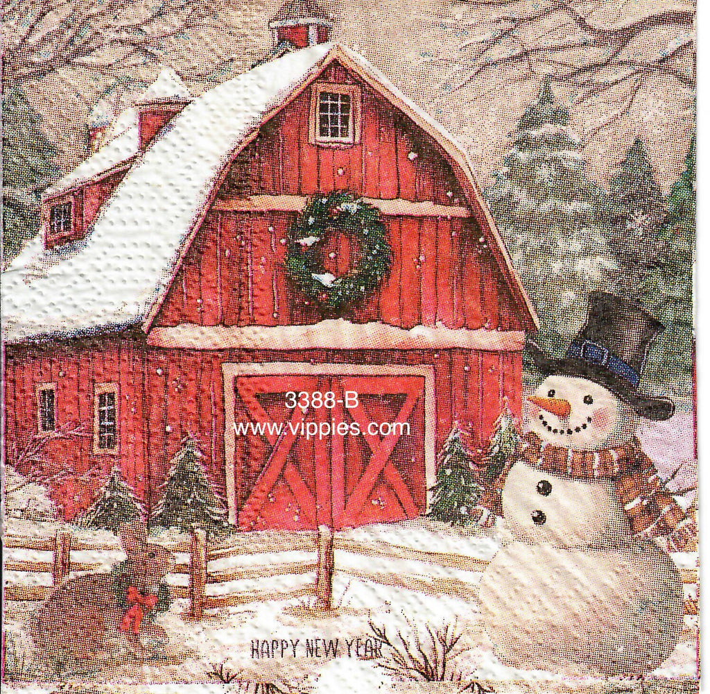 C-3388-B Red Barn Snowman Napkin for Decoupage