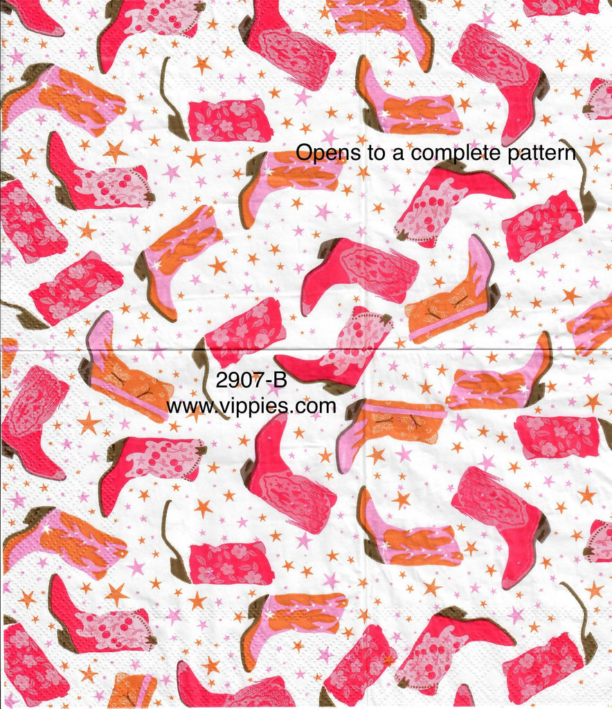 CW-2907-B Hot Pink Cowboy Boots Stars Napkin for Decoupage
