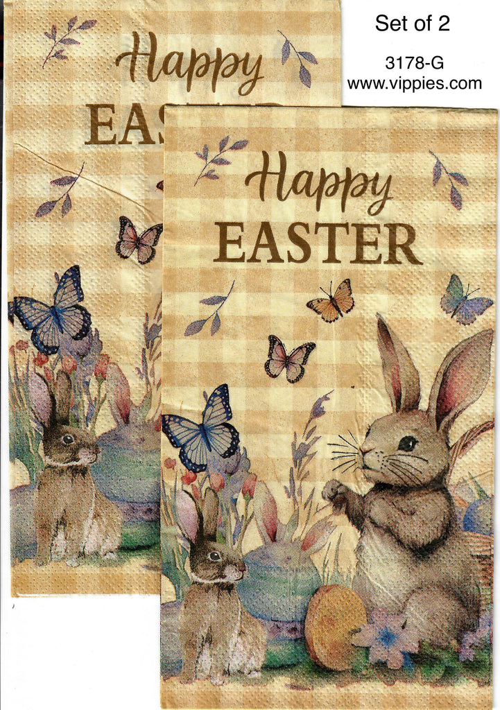 EAST-3178-G-S Set of 2 Brown Checks Bunny Happy Easter Guest Napkins for Decoupage