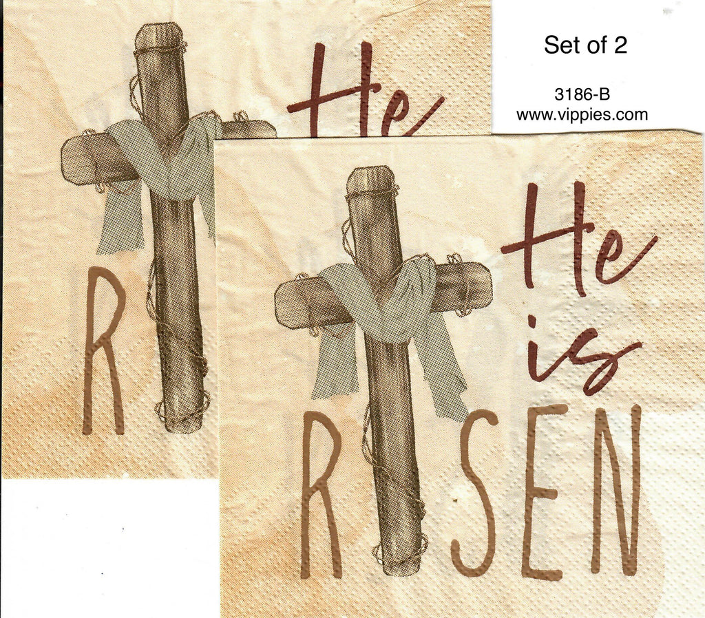 EAST-3186-B-S Set of 2 He is Risen Tan Cross Napkin for Decoupage