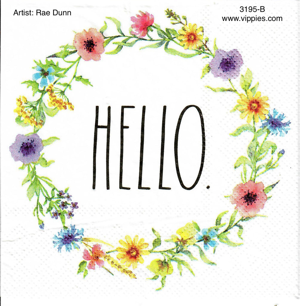 FL-3195-B Rae Dunn Floral Wreath Hello Napkin for Decoupage