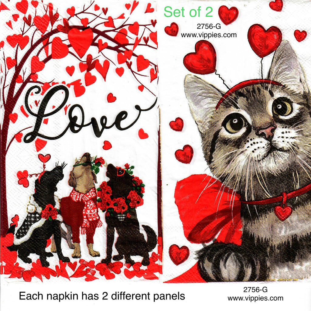 LVY-2756-G-S Set of 2 Dogs and Cat Hearts Guest Napkins for Decoupage