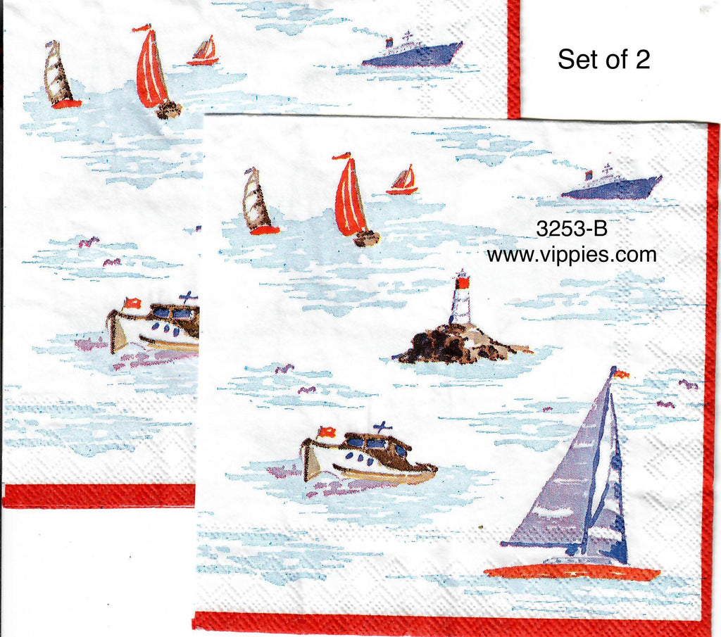 NS-3253-B-S Set of 2 Sailboats Lighthouse Sea Napkin for Decoupage