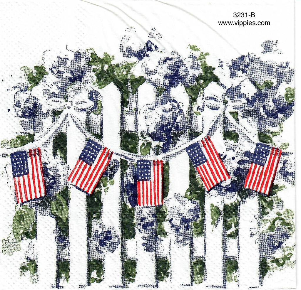 PAT-3231-B Flags on Fence Hydrangeas Beverage Napkin for Decoupage