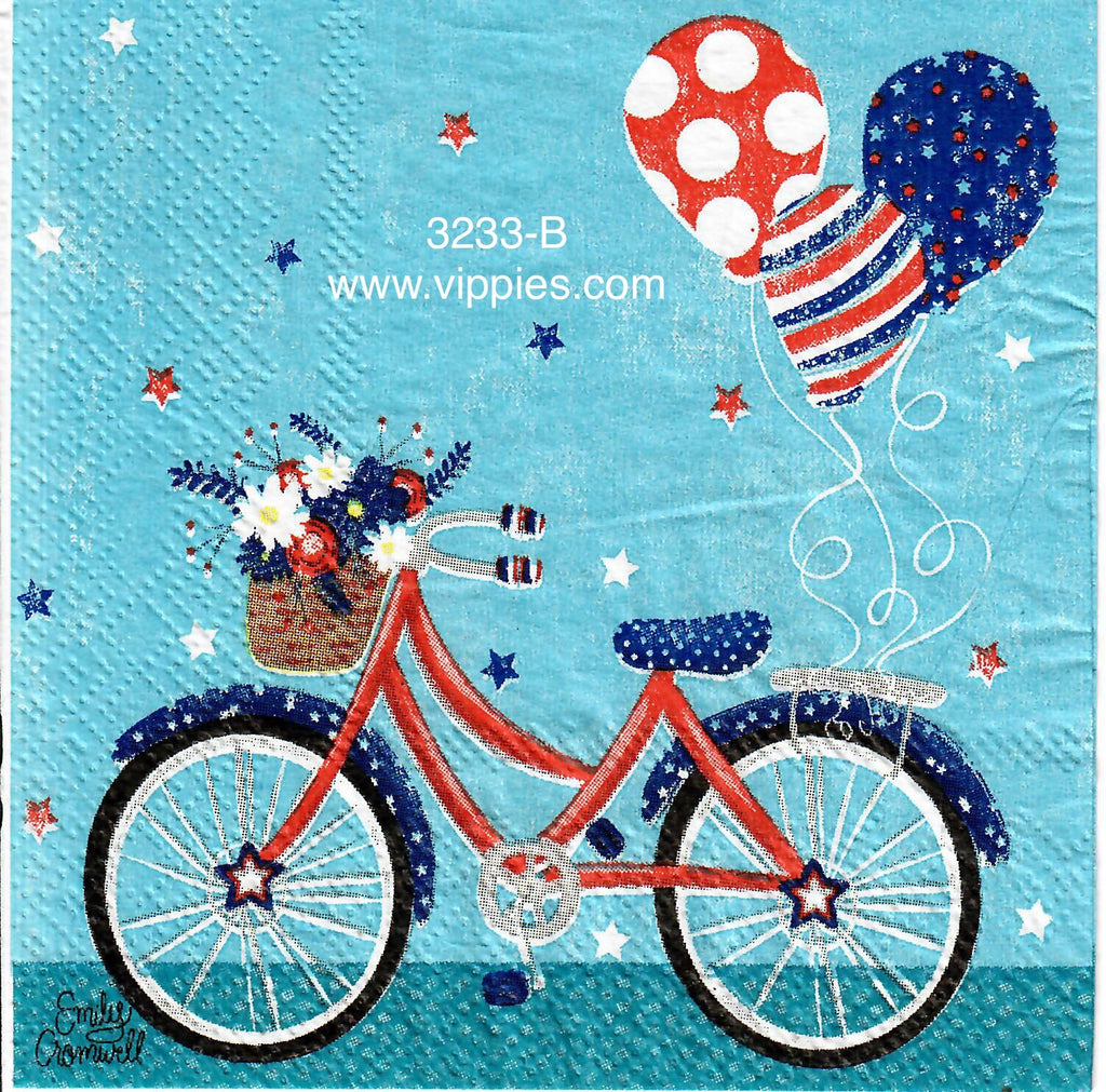 PAT-3233-B Bike Balloons Red White and Blue Beverage Napkin for Decoupage