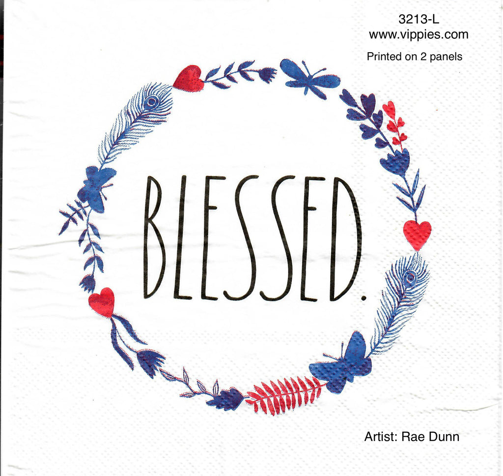 SNT-3213-L Rae Dunn Blessed Red Blue Wreath Luncheon Napkin for Decoupage