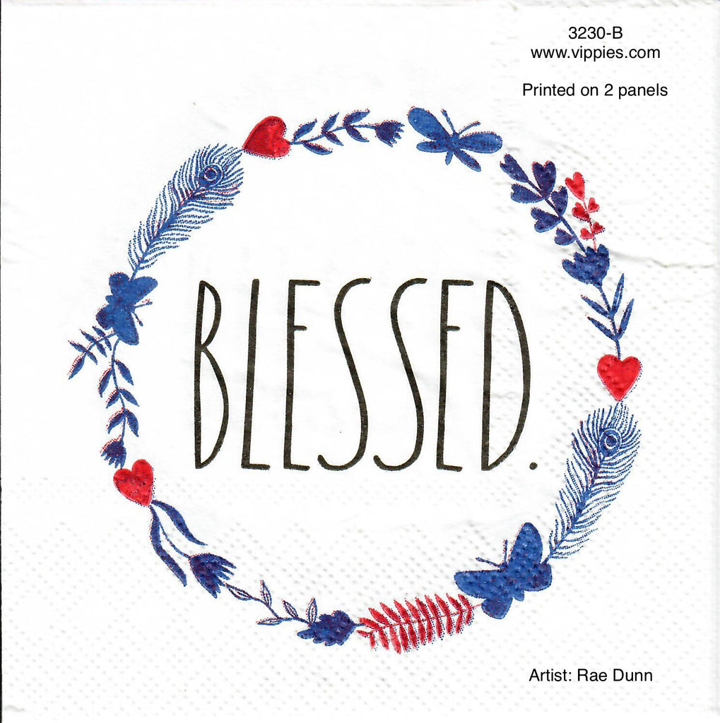 SNT-3230-B Rae Dunn Blessed Red Blue Wreath Beverage Napkin for Decoupage