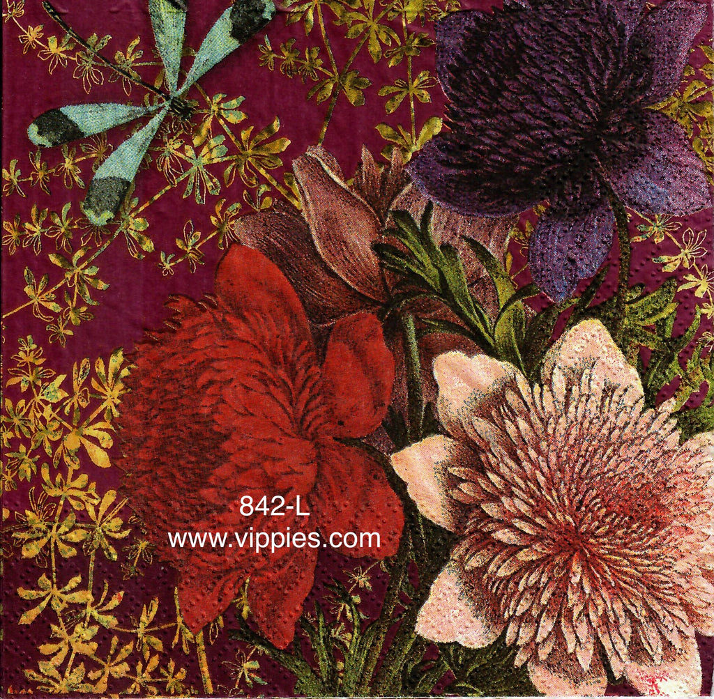 AT-842 Maroon Mum Dragonfly Napkin for Decoupage