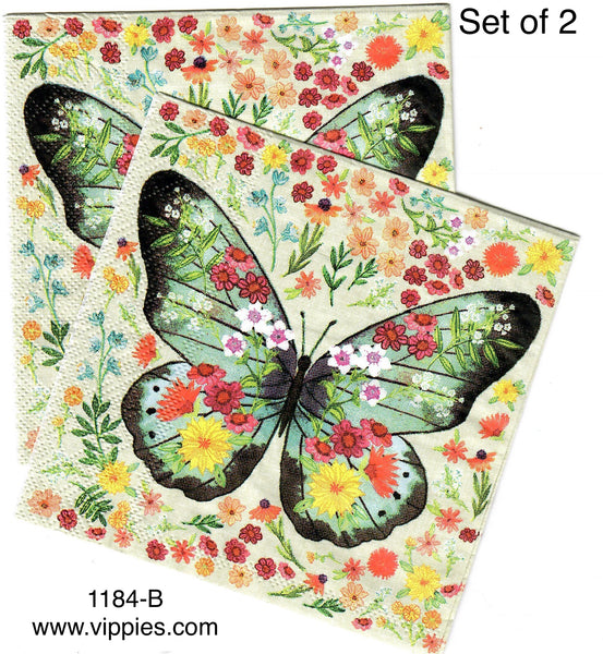 BB1184BS Set of 2 Large Butterfly Flowers Beverage Napkins for Deco