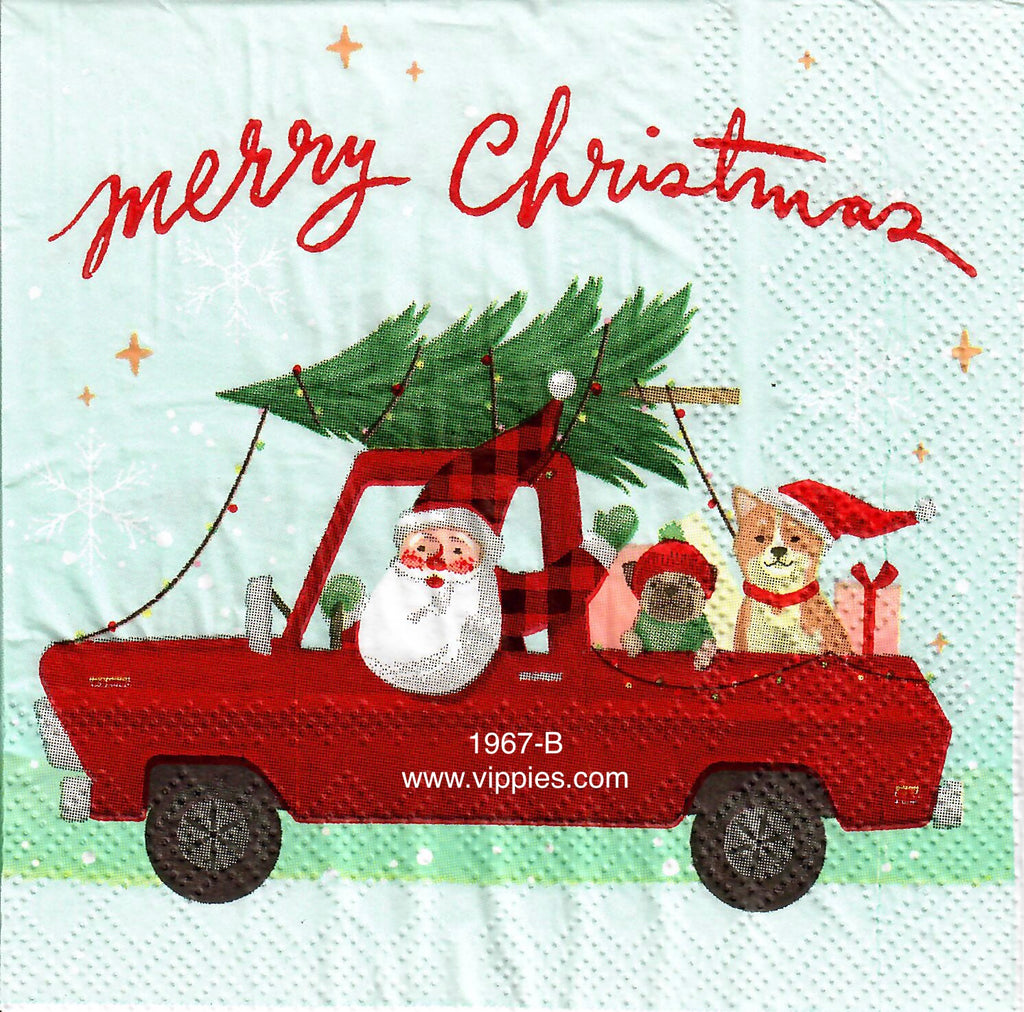 C-1967 Santa Dogs Truck Napkin for Decoupage