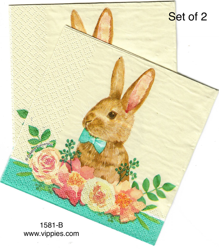 EAST-1581-B-S Set of 2 Bunny Aqua Bowtie Napkins for Decoupage