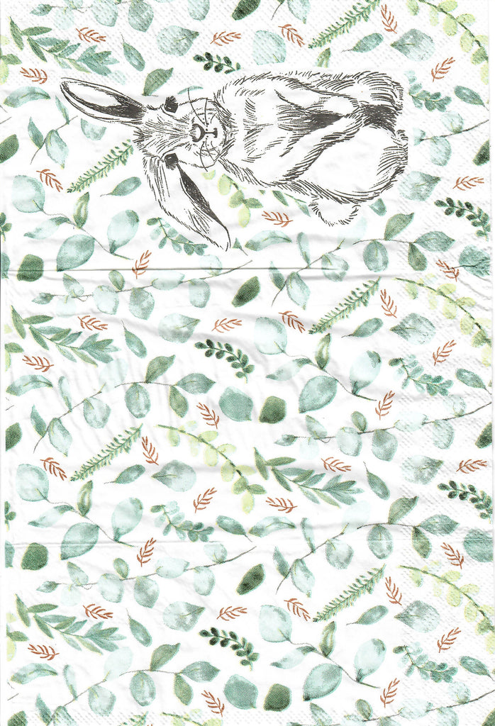 EAST-2196-G Black Sketch Bunny Green Leaves Guest Napkin for Decoupage