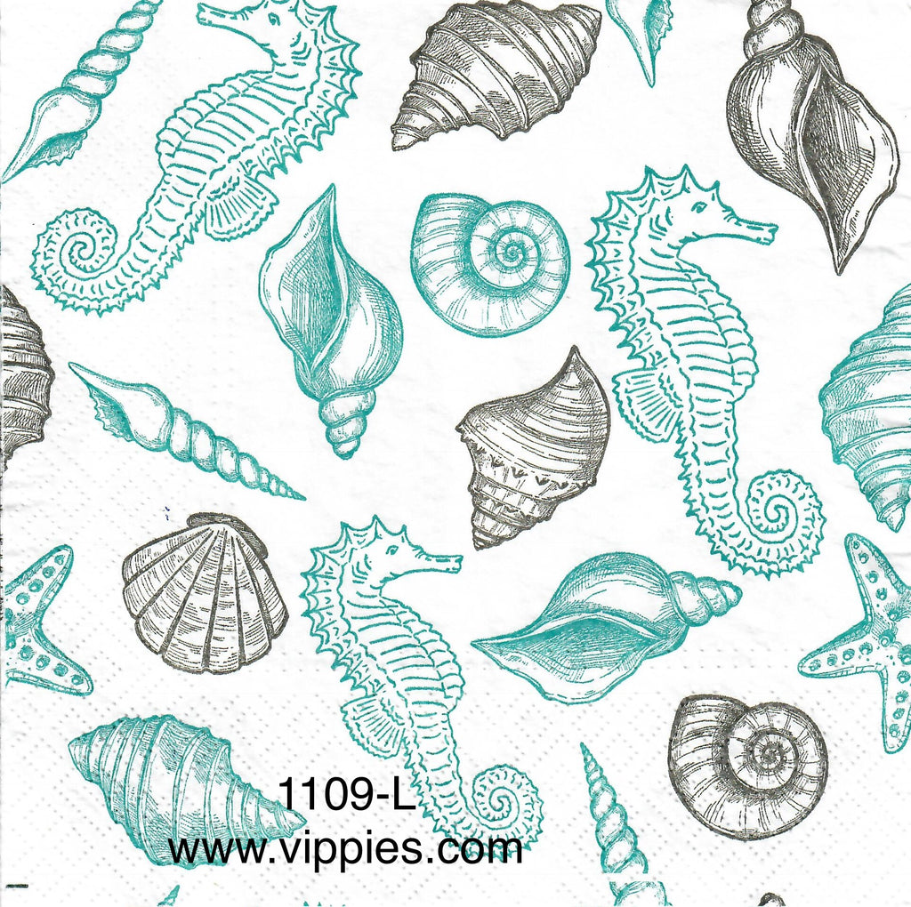 NS-1109 Gray Blue Shells Seahorse Napkin for Decoupage