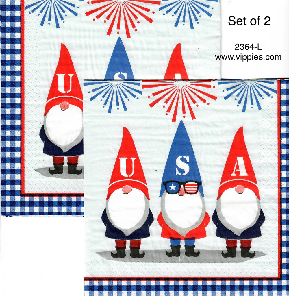 PAT-2364-L-S Set of 2 Gnomes USA Check Border Luncheon Napkins for Decoupage