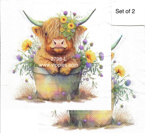 ANIM-2798-L-S Set of 2 Highland Cow Flowers Barrel Napkins for Decoupage