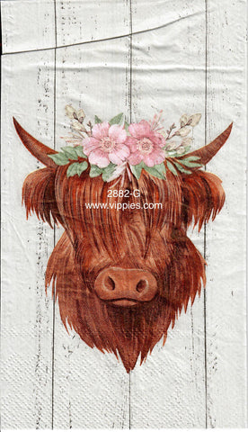 ANIM-2882-G Highland Cow Flowers White Planks Guest Napkin for Decoupage