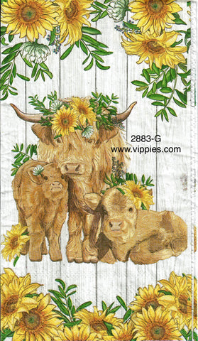 ANIM-2883-G Highland Cow Calves Sunflowers Guest Napkin for Decoupage