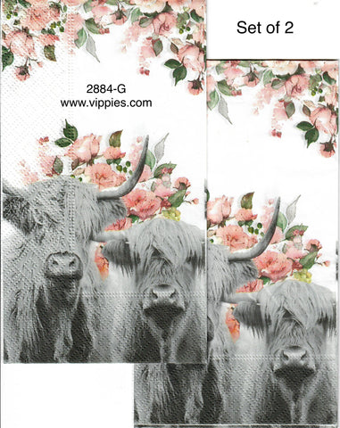 ANIM-2884-G-S Set of 2 Gray Highland Cows Roses Guest Napkins for Decoupage