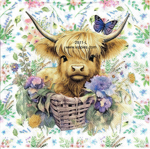 ANIM-2911-L Highland Cow Flowers Butterfly Napkin for Decoupage