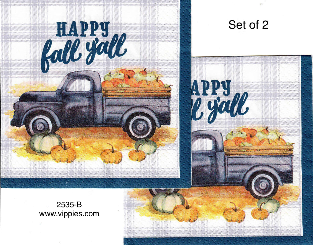AT-2535-B-S Set of 2 Blue Pickup Happy Fall Yall Napkin for Decoupage