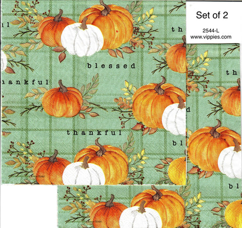 AT-2544-L-S Set of 2 Blessed Thankful Pumpkins Napkin for Decoupage