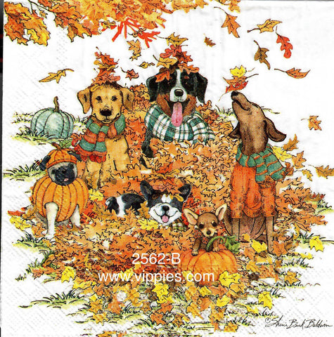 AT-2562-B Dogs in Leaf Pile Napkin for Decoupage