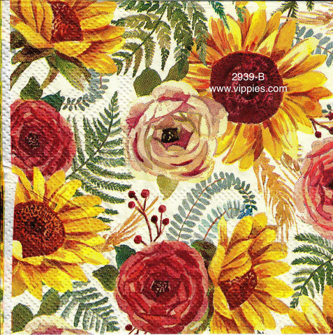 AT-2939-B Sunflowers Roses Ferns Napkin for Decoupage