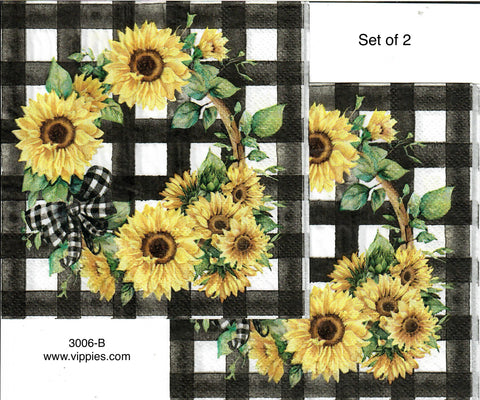 AT-3006-B-S Set of 2 Buffalo Plaid Sunflower Wreath Napkin for Decoupage