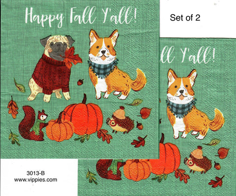 AT-3013-B-S Set of 2 Happy Fall Yall Dogs Napkin for Decoupage