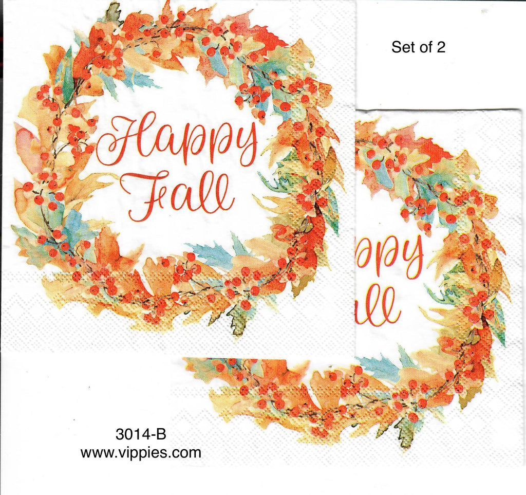 AT-3014-B-S Set of 2 Happy Fall Leaves Wreath Napkin for Decoupage