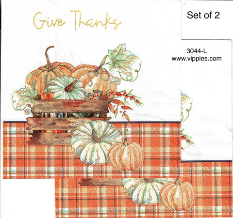 AT-3044-L-S Set of 2 Give Thanks Pumpkins Napkin for Decoupage