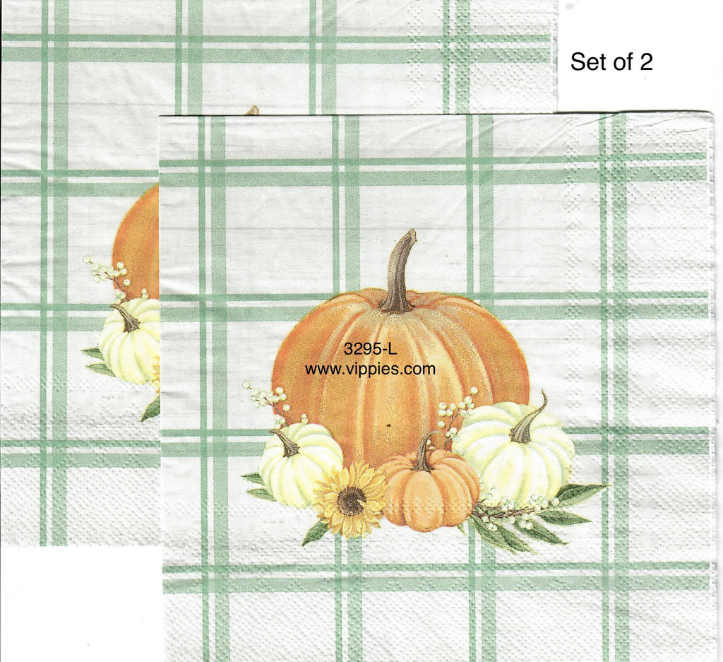 AT-3295-L-S Set of 2 Green Plaid Pumpkine Napkin for Decoupage