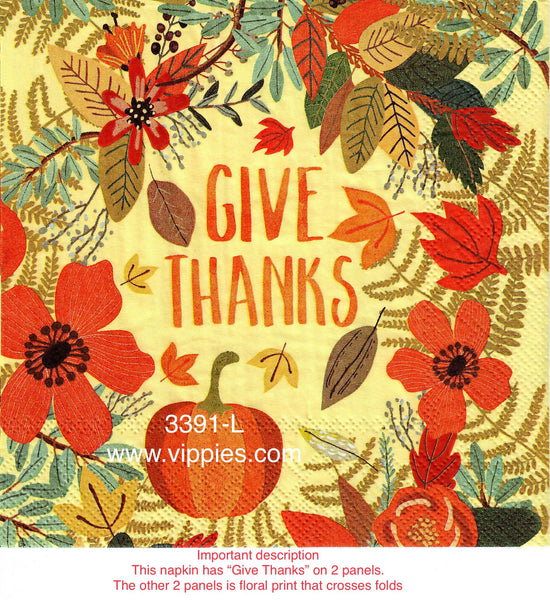 AT-3391-L Give Thanks Autumn Leaves Flowers Napkin for Decoupage