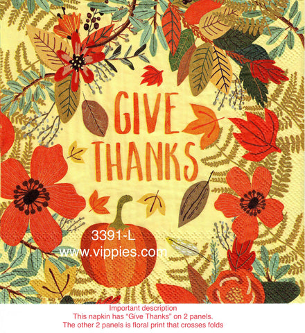 AT-3391-L Give Thanks Autumn Leaves Flowers Napkin for Decoupage