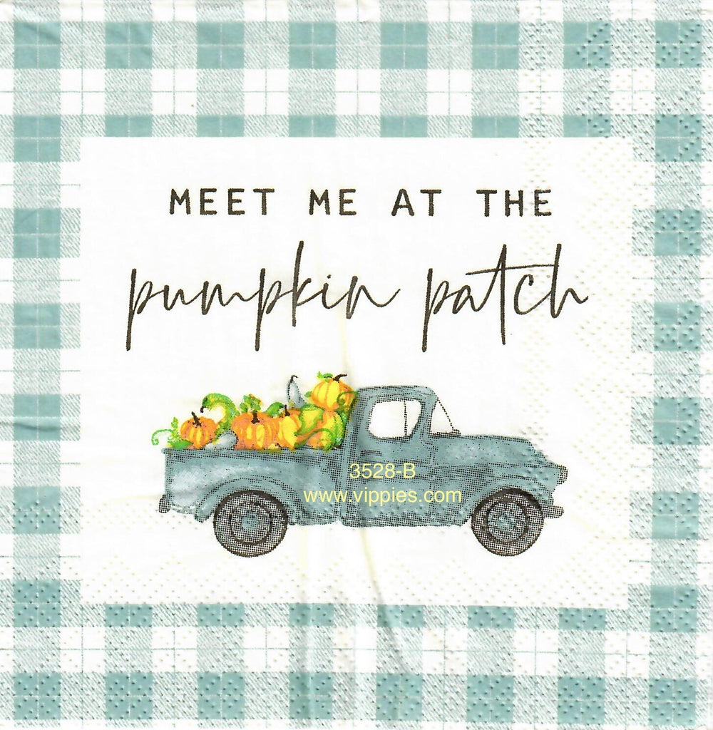 AT-3528-B Blue Truck Pumpkin Patch Checks Napkin for Decoupage