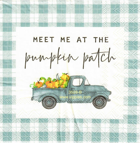 AT-3528-B Blue Truck Pumpkin Patch Checks Napkin for Decoupage