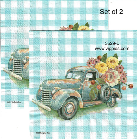 AT-3529-L-S Set of 2 Rusty Blue Pickup Flowers Checks Napkin for Decoupage