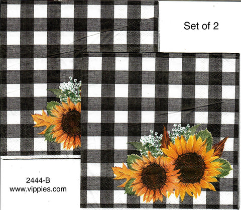 AT-2444-B Set of 2 Sunflower Black Checks Napkin for Decoupage