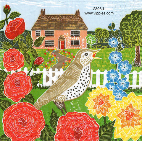 BB-2396-L Folk Art Farm House Bird Napkin for Decoupage