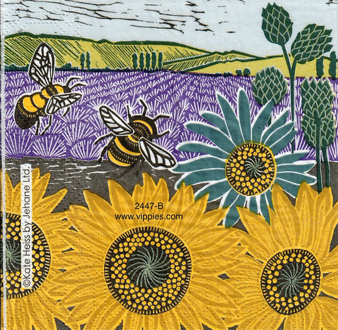 BB-2447-B Sunflower Bees Block Print Napkin for Decoupage