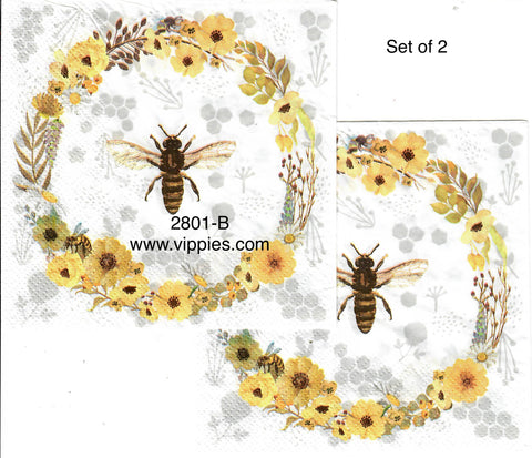 BB-2801-B-S Set of 2 Bee Wreath Napkin for Decoupage