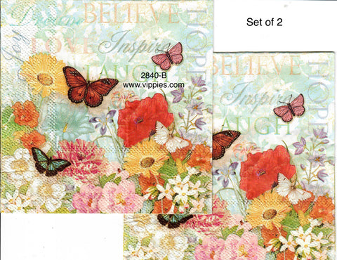 BB-2840-B-S Set of 2 Butterfly Floral Words Napkin for Decoupage