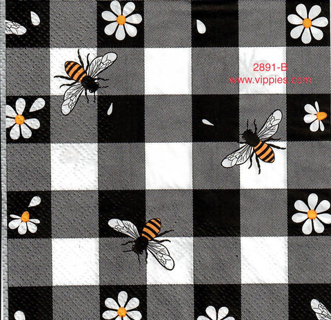 BB-2891-B Black Check Bees Daisies Napkin for Decoupage