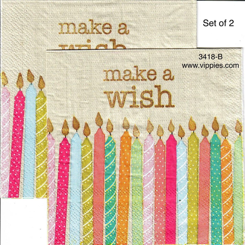 BDAY-3418-B-S Set of 2 - Make a Wish Candles Napkins for Decoupage