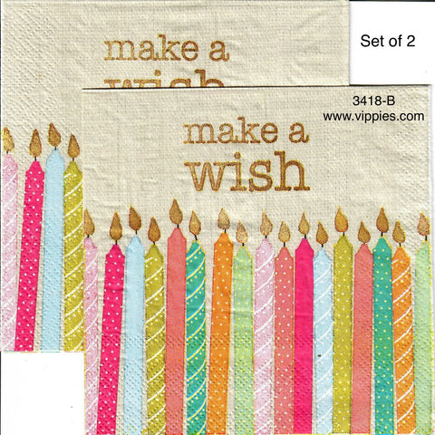 BDAY-3418-B-S Set of 2 - Make a Wish Candles Napkins for Decoupage
