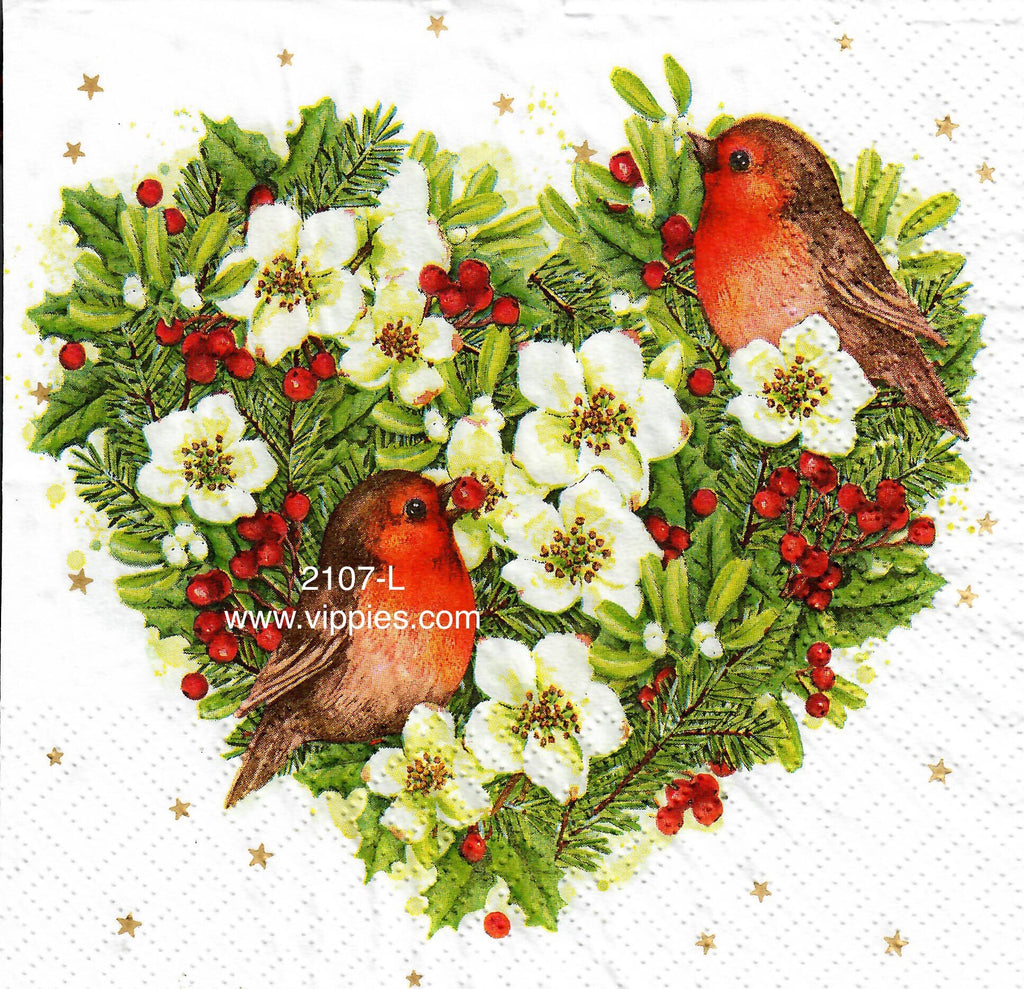 C-2107-L Heart Wreath Robins Napkin for Decoupage